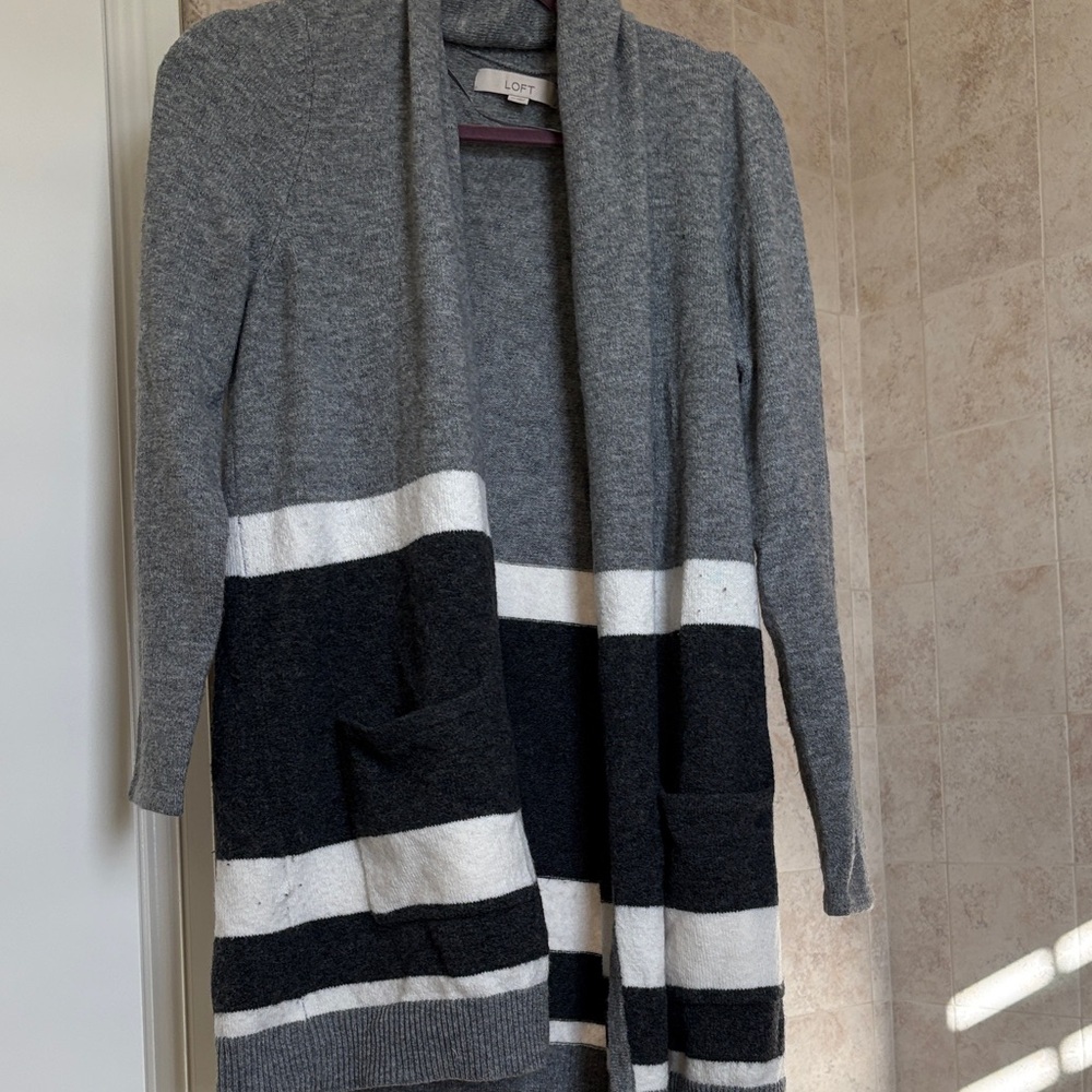 LOFT Gray and Black Striped Cardigan